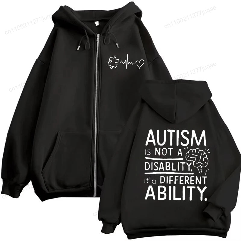 Autism Awareness Hoodie for Men Women, It's Not A Disability It's A Different Ability Zip Up Hoodies, Zipper Tracksuit Jackets