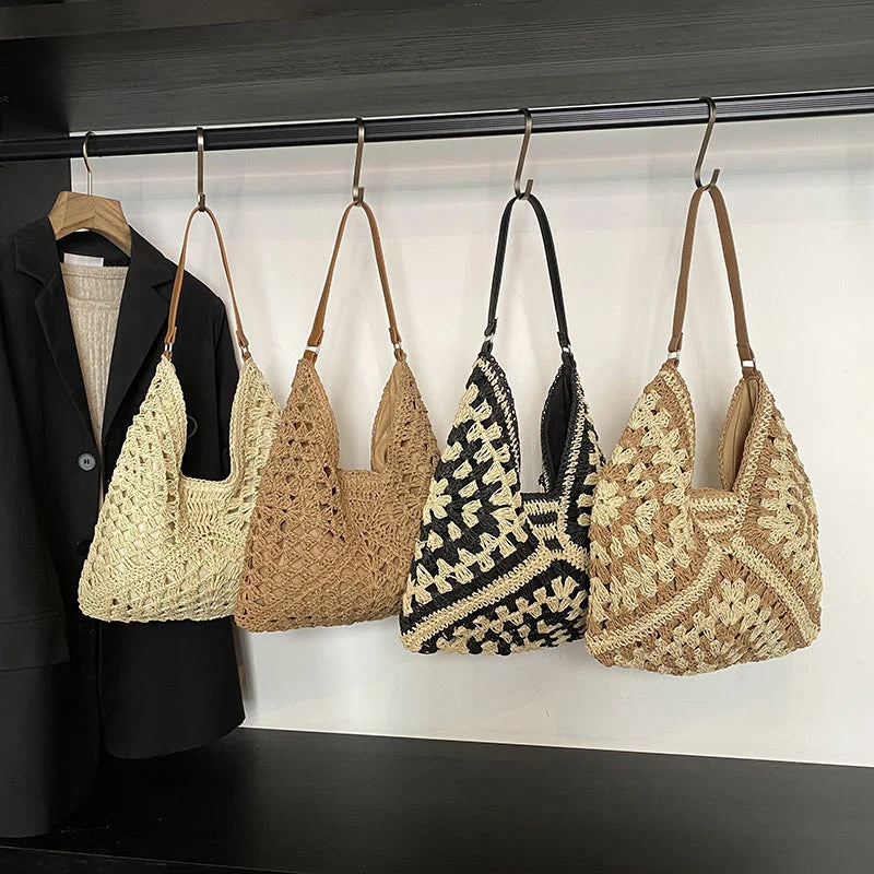 Women Weaving Clutches Top-handle Bag Large  Portable Shoulder Bag Summer Beach Purses Shopper Satchel Female Tote Bags