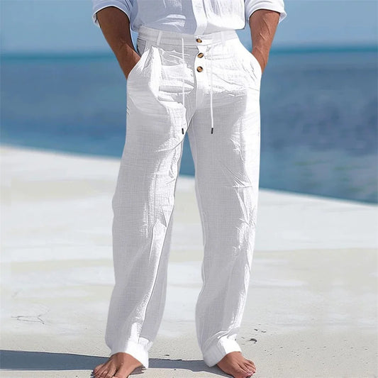 Men's Autumn Spring Cotton Pants Casual Breathable Cozy Trousers Button Drawstring Design Beach Style Vacation Long Pants