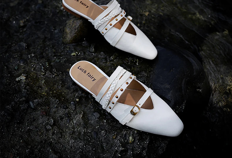 Ods Footwear Designer Rivet Women Flats Slippers Shoes Mules Female Slides Fashion Pointed Toe Ladies Flats Slippers Sandals 40