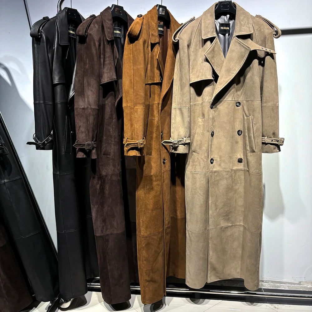 YOLOAgain 150cm Extra Length Real Leather Trench Coat Women Double Breasted Suede Coat Female