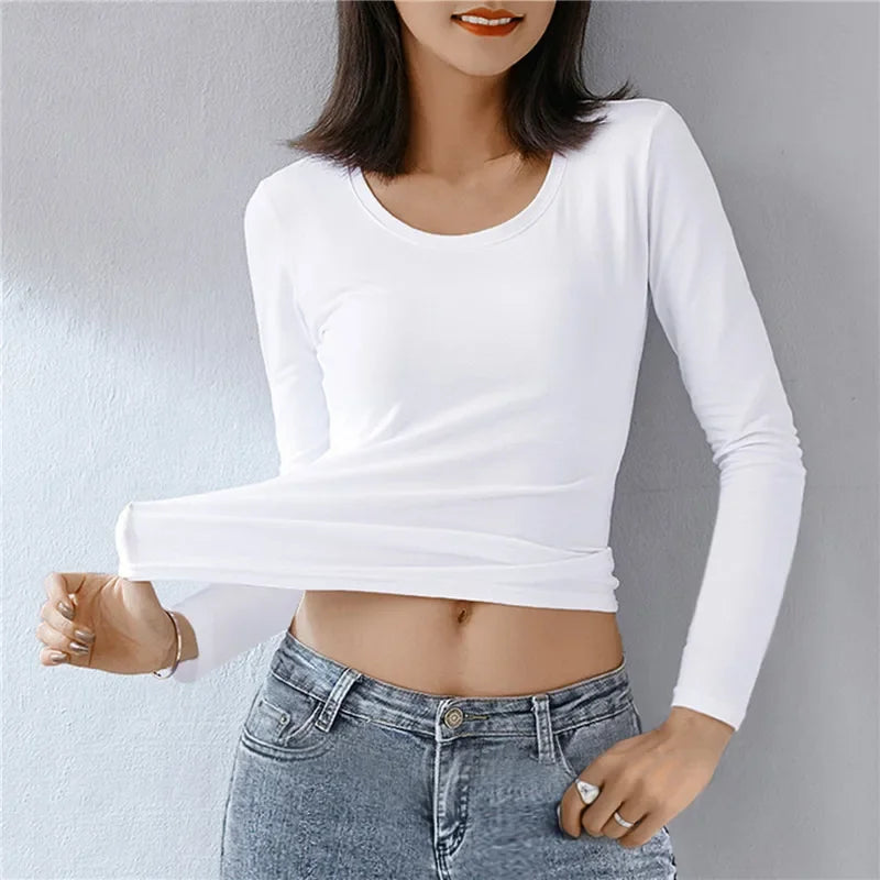 Women Thermal Underwear Winter Turtleneck Bottom Shirt Solid Semi High Collar Long Sleeve Basic T-Shirt Heating Fiber Pullovers