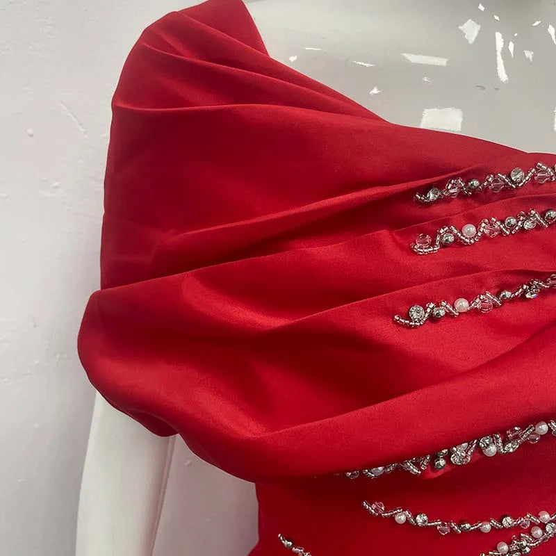 Black Dresses Woman Elegant One Shoulder Shining Rhinestones Bodycon Red Bandage Long Dresses Party Cocktail Dress Evening Dress