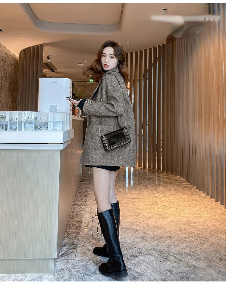 Woolen Suit Jacket for Women Autumn Winter Korean Loose Casual Blazers Thick warm Pocket Turndown Collar Women's Coat