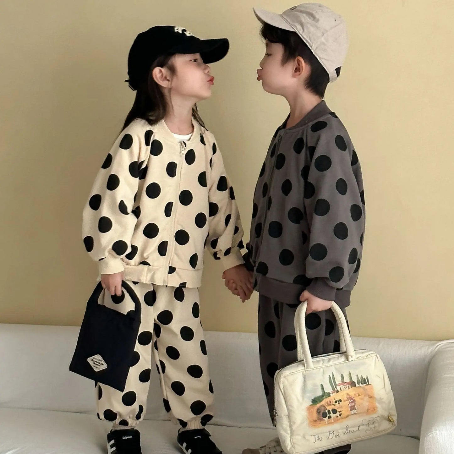 2025 Autumn New Children Long Sleeve Clothes Set Boys Girls Zipper Coat + Sweat Pants 2pcs Suit Kids Casual Polka Dot Outfits