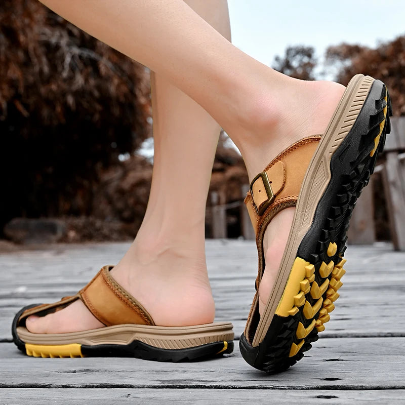 Genuine Leather Sandals Men Breathable Summer Shoes Man Waterproof Outdoor Men Sandals Antiskid Beach Sandals Footwear