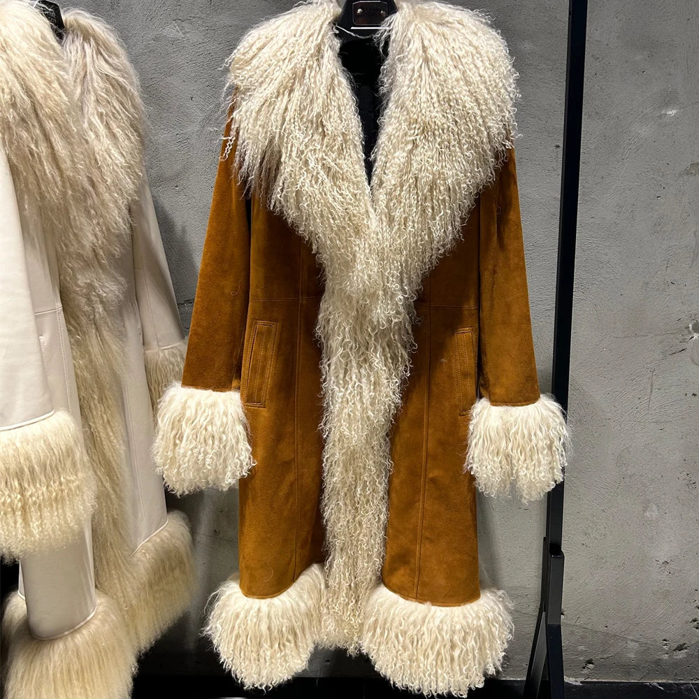 Winter Suede Long Fur Coat Mongolia Long Sheep Fur Collar New Arrival Camel Fur Jacket