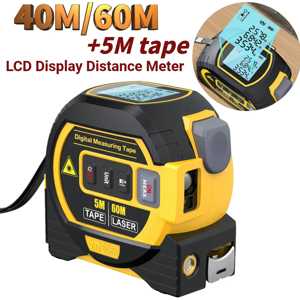 3in1 Laser Rangefinder 5m Tape Measure Ruler LCD Display Distance Meter Building Measurement Device Area Volume Surveying Device