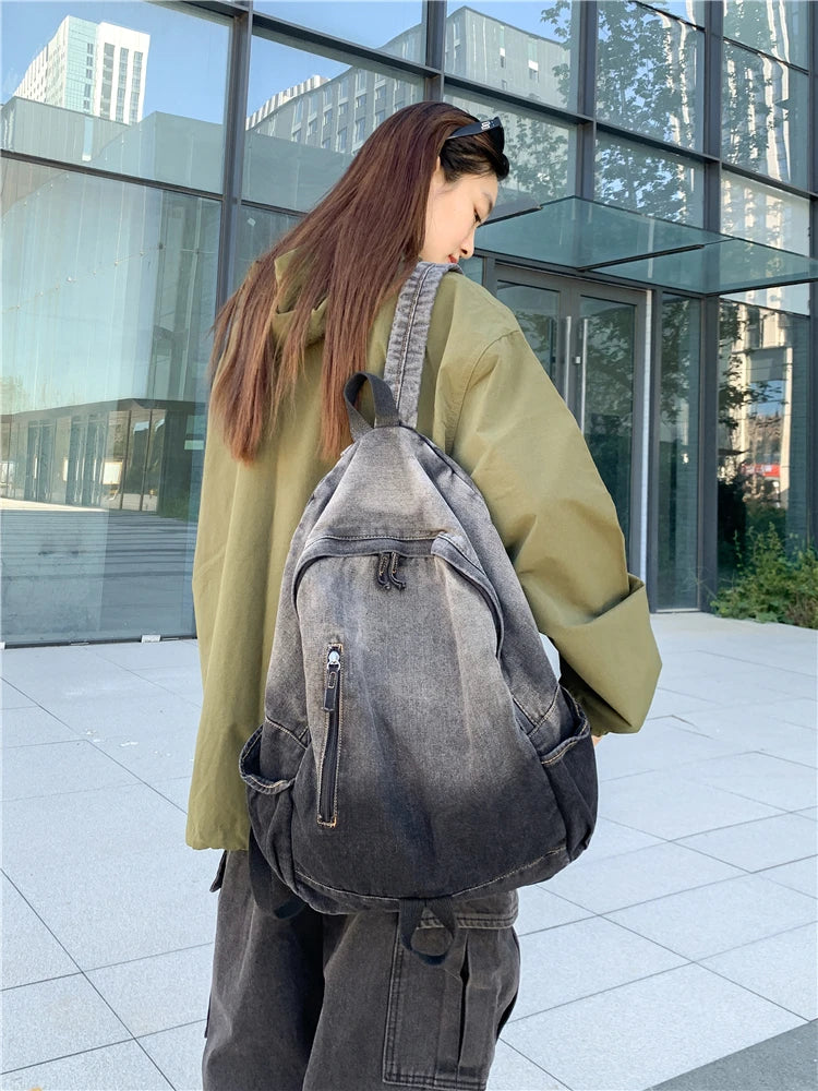 Men's and Women's Backpacks, Student School Bags, Large-Capacity Washed Denim Bags