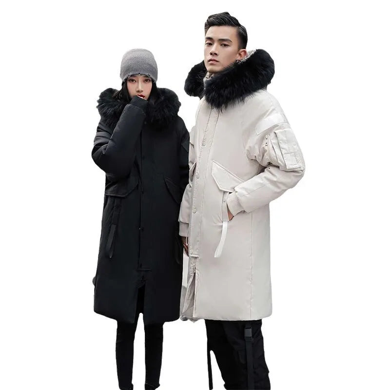 New Winter Down Jacket Men's Couple Fashion Big Fur Collar Medium and Long Youth Pie To Overcome Warmth and Thickening Tide