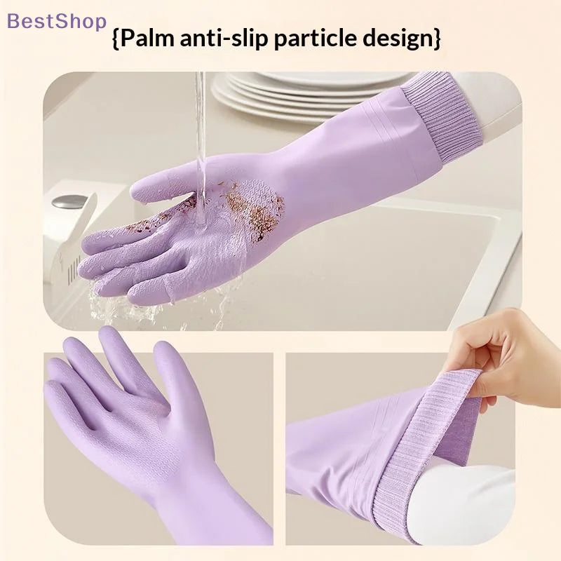 ♥Reusable Cleaning Gloves with Anti-Slip Palm Particles - Long-Sleeve Rubber Gloves for Kitchen, Dishwashing & Household Chores