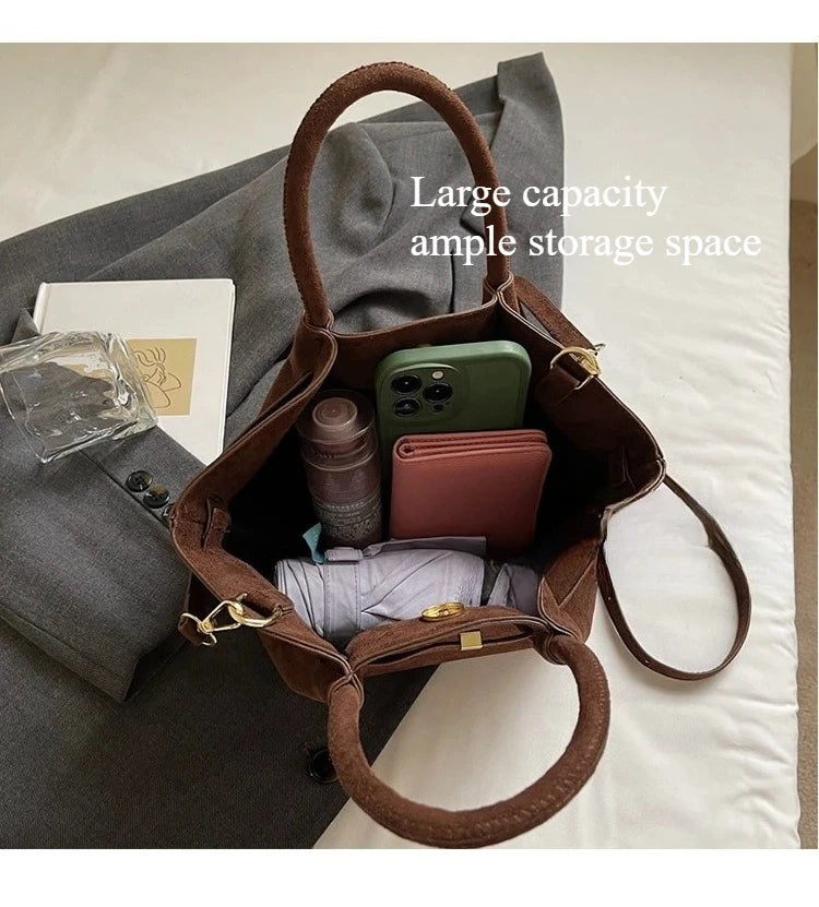 Matte Leather Suede Tote Handbags for Women Large Capacity Retro Shoulder Bag Fall Winter Belt Design Female Crossbody Bags
