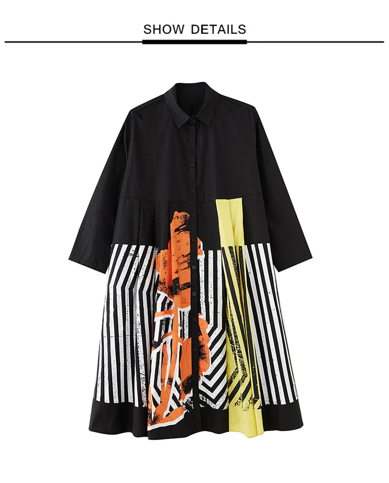 Long Sleeve Patchwork Vintage Print Dresses For Women Loose Casual Midi Dress Robe Fashion Elegant Clothing Spring Autumn 2025