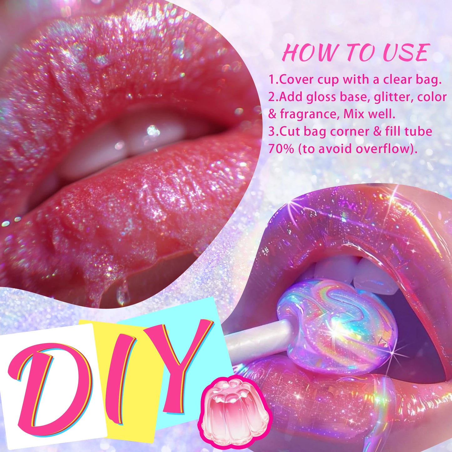 DIY lip gloss gel for perfect shine, non-sticky, transparent, moisturizing, odorless, blending magic, tinted, scented,shimmering