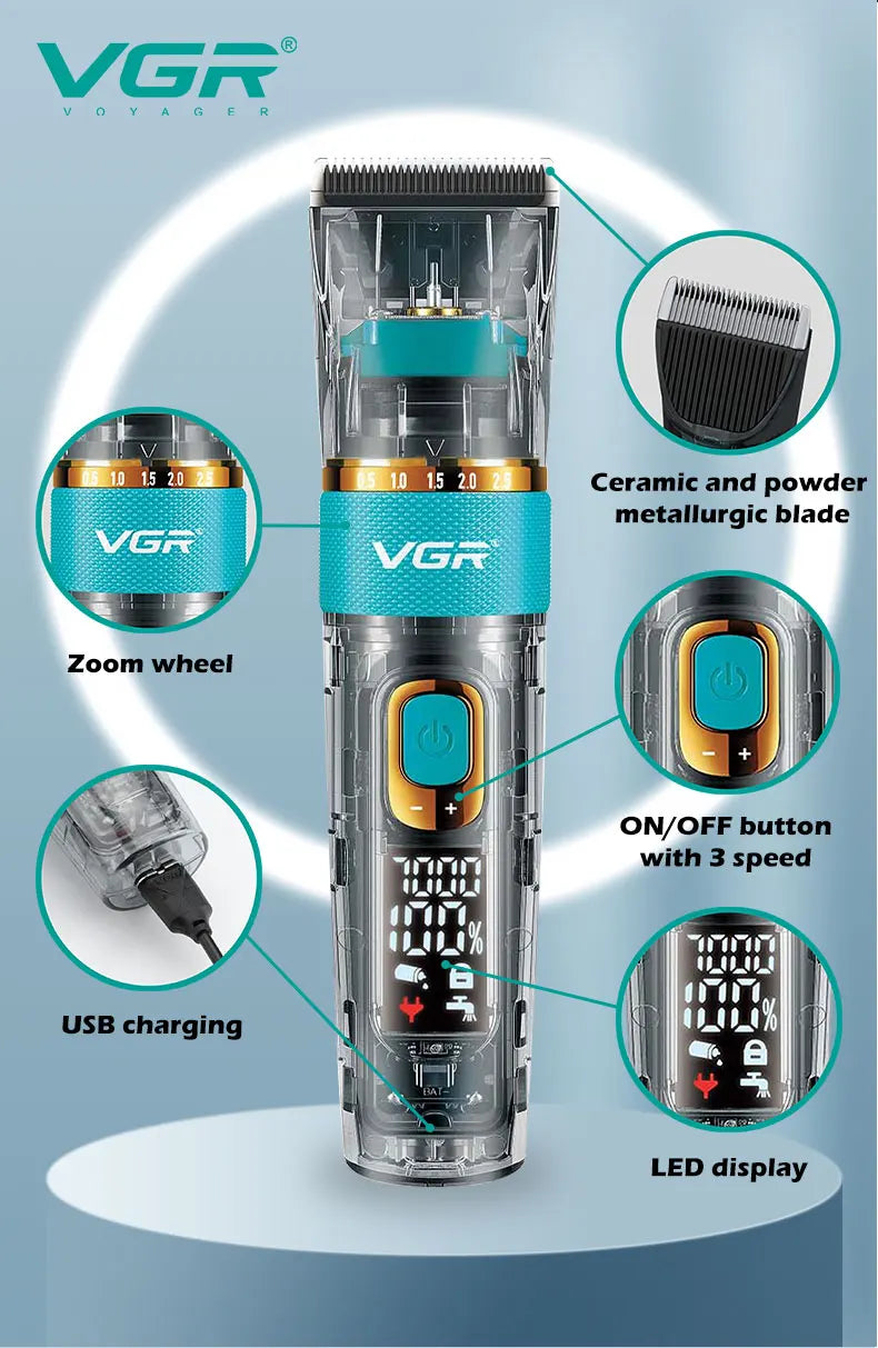 Original VGR Professional Hair Trimmer Cordless Barber Hair Clipper For Men Washable Beard Hair Cutting Machine Rechargeable Set