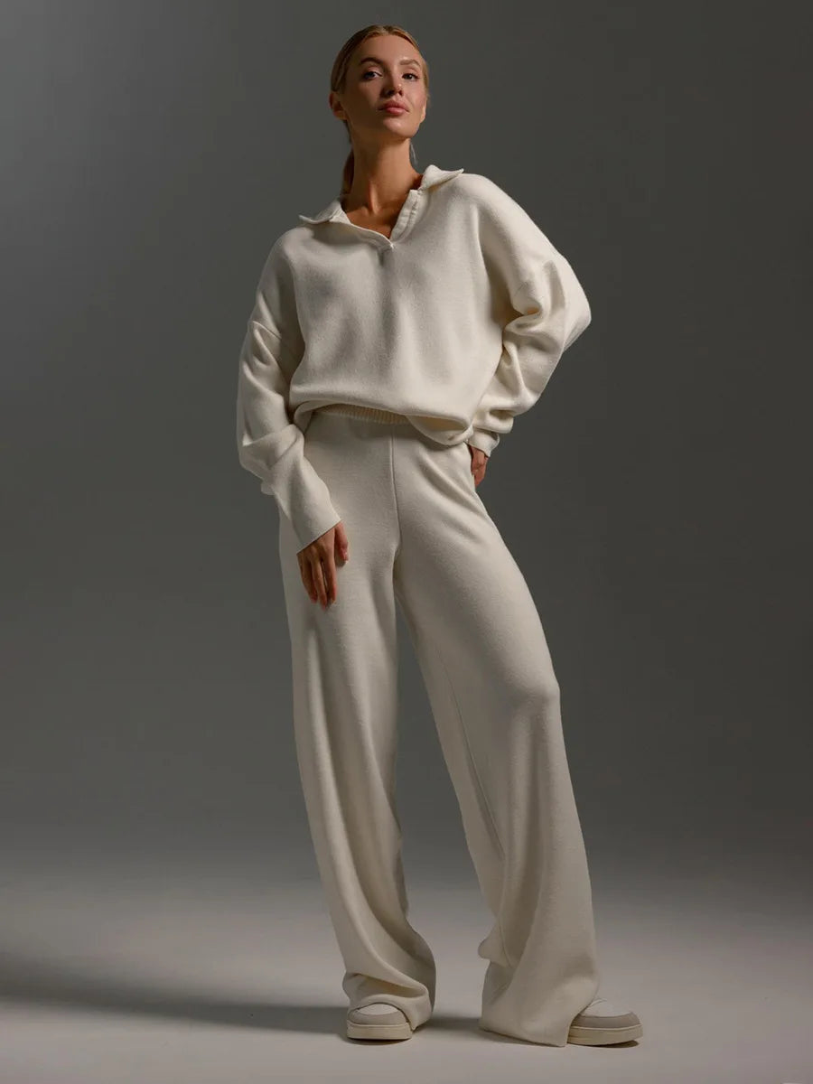 Sumuyoo Winter Thick Women Knitted Suits Cashmere Soft 2 Pieces Sets Female Polo Neck Sweater & Wide Leg Pants Knitted Outfit