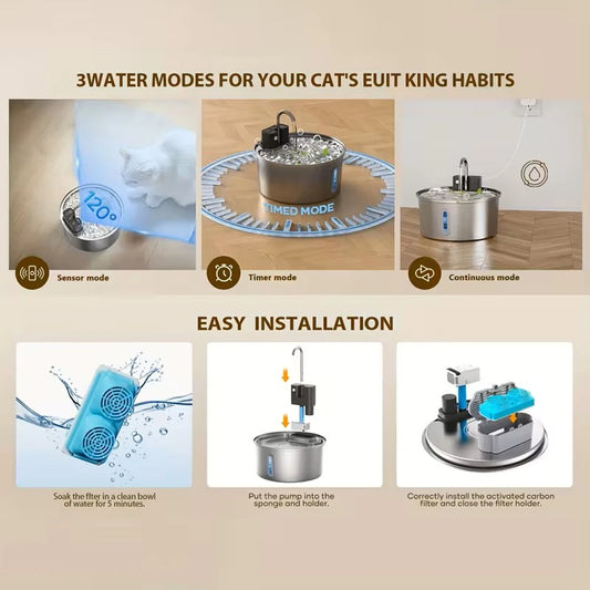 3.2L Wireless Stainless Steel Cat Water Fountain With 4000mAh Battery & Sensor Automatic Filtration Pet Water Drinker Dispenser