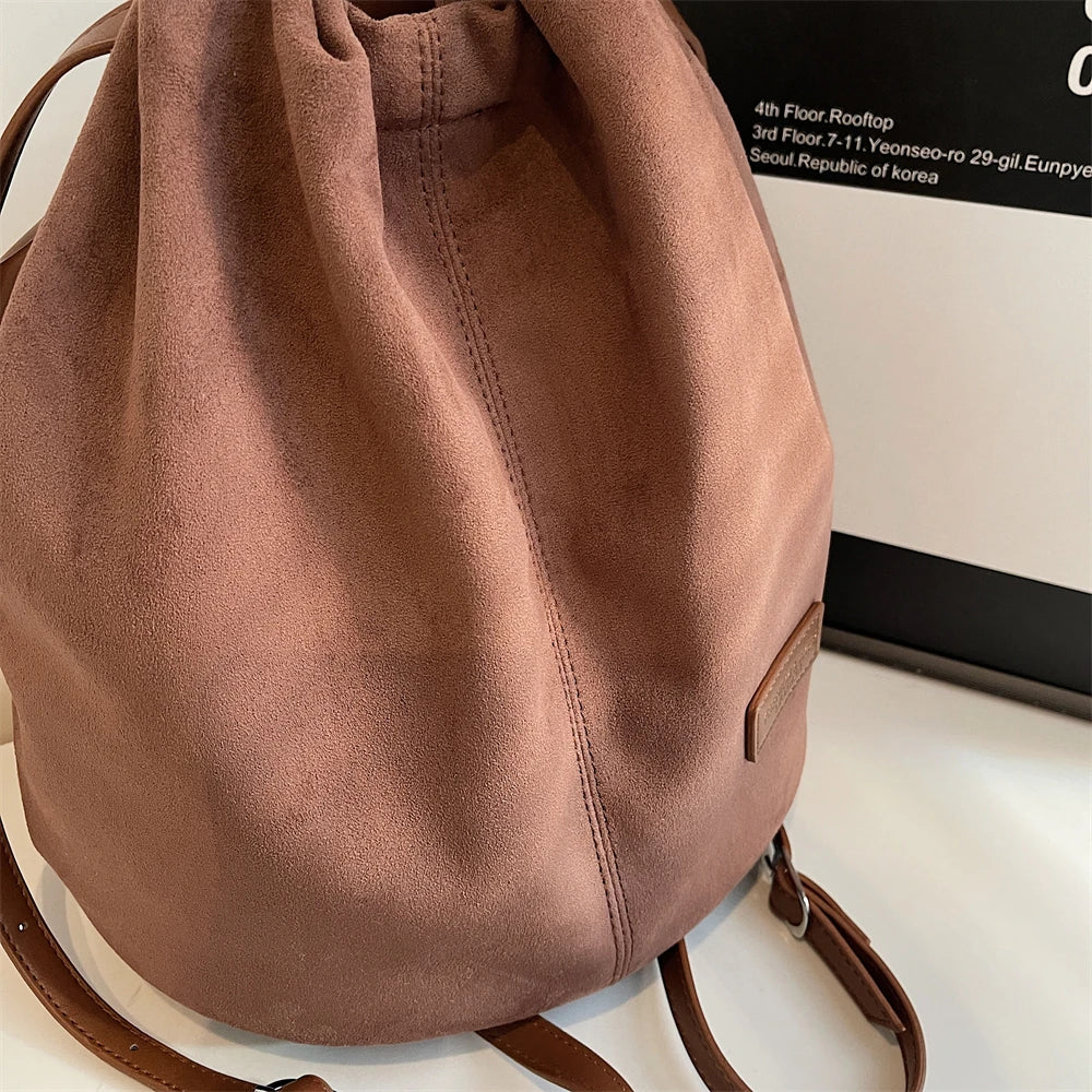 2024 Latest Women Fashion Backpacks Drawstring Bucket Shoulder Bags Soft Suede Large Capacity Rucksack For Travelling Shopping