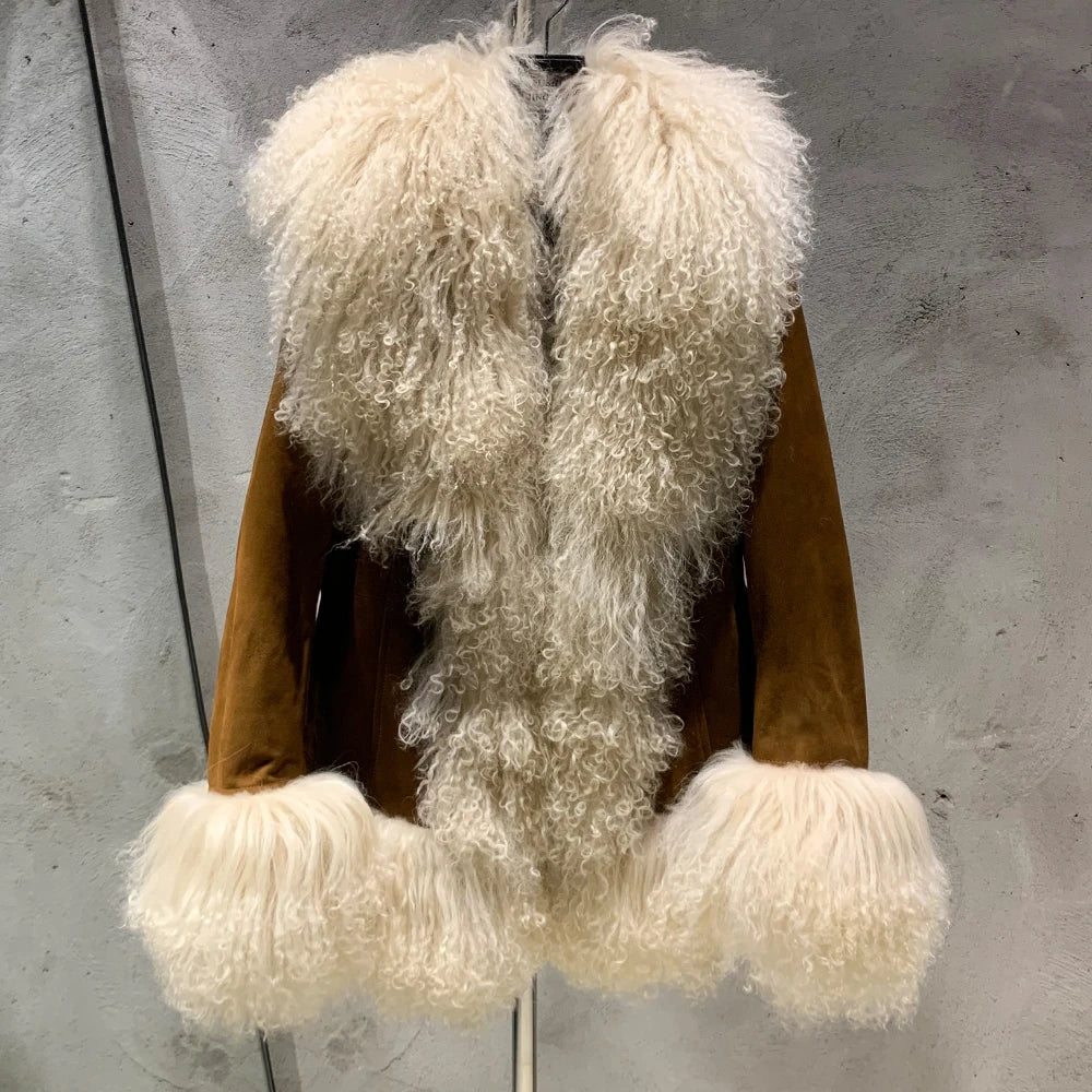 Sheep Collar Coats Women Winter Luxury Mongolian Fur Leather Jackets with Long Sleeve 7251
