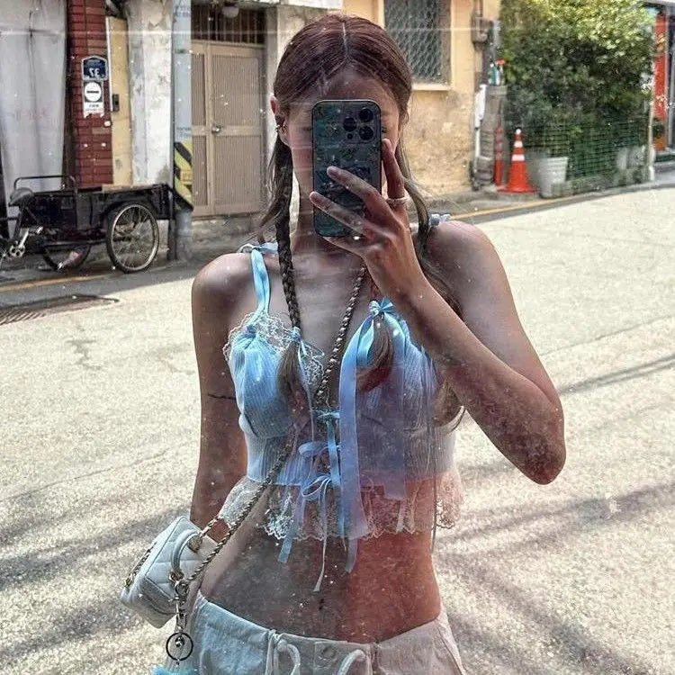 Women Summer Lace Trim Tops Blue Ribbed Bow Tie Backless Spaghetti Strap Crop Top Cute Sweet Girl Sleeveless suspenders 2025 New