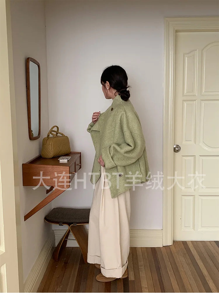 New Winter Short Woolen Coat Fashion Causal Warm Mulberry Silk Lapel Double-sided Wool Coat Loose Suit Jacket Female Tide Autumn