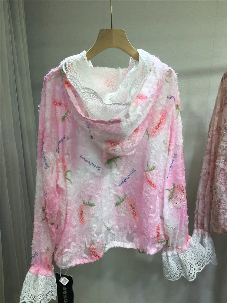 Women Hot Drilling Diamonds Beaded Sunscreen Hoodies Shirts Coat Strawberry Butterfly Lace Spliced Blouses Zipper Cardigan Tops