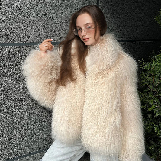 Natural Sheepskin Coat With Stand Collar Natural Sheep Fur Coat Full Skin Lamb Fur Jacket Best Selling Women's Leather Jacket