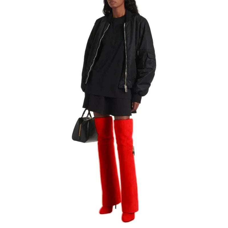 European and American women's fashionable large round toe over knee boots, slim high heels, shark button pants, long boots