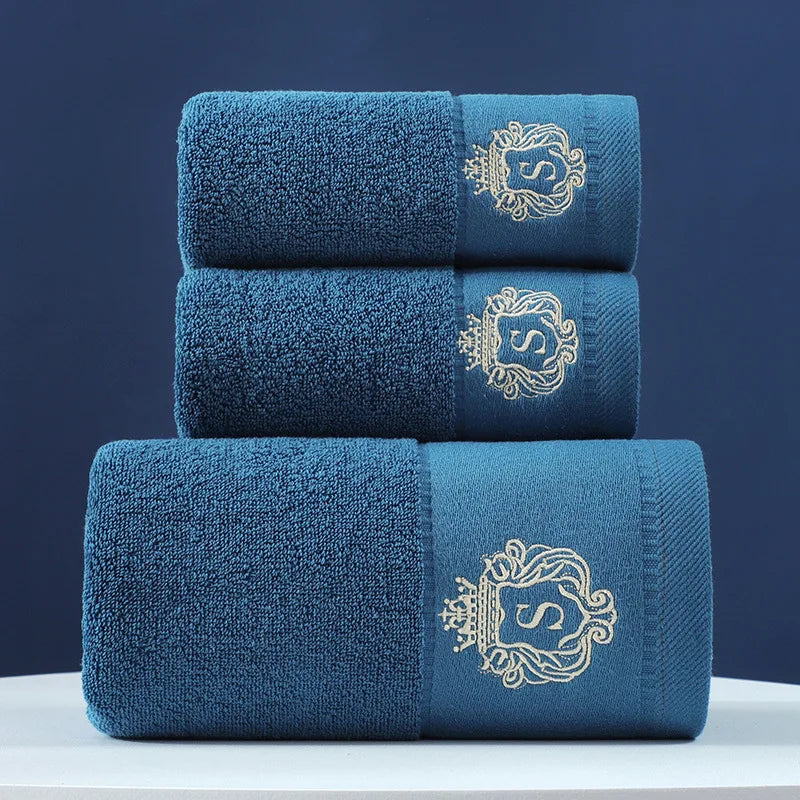 Inyahome Set of 3 Bathroom Cotton Towels Set Embroidered Luxury 2 Hand Towels 35x75cm and Big Bath Towels 70x140cm Washcloth