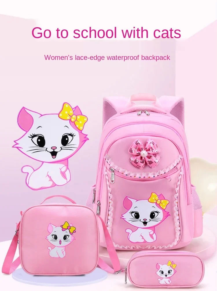 Kids Cat Backpack Set with Lunch Bag Pencil Case Cute School Bag for Girls Boys Waterproof Primary Student Bookbag
