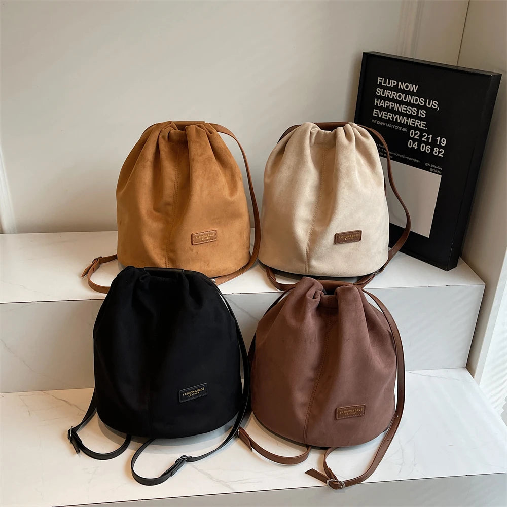 2024 Latest Women Fashion Backpacks Drawstring Bucket Shoulder Bags Soft Suede Large Capacity Rucksack For Travelling Shopping