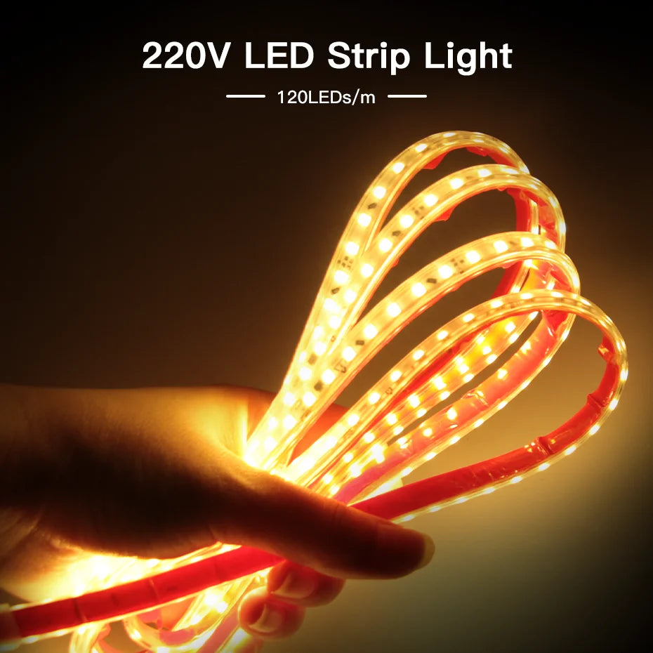 Led Strip Light AC220V 120LEDs/m Flexible Tape IP67 Waterproof with EU AU UK Timing Dimming Switch Plug Self-Adhesive LED Light