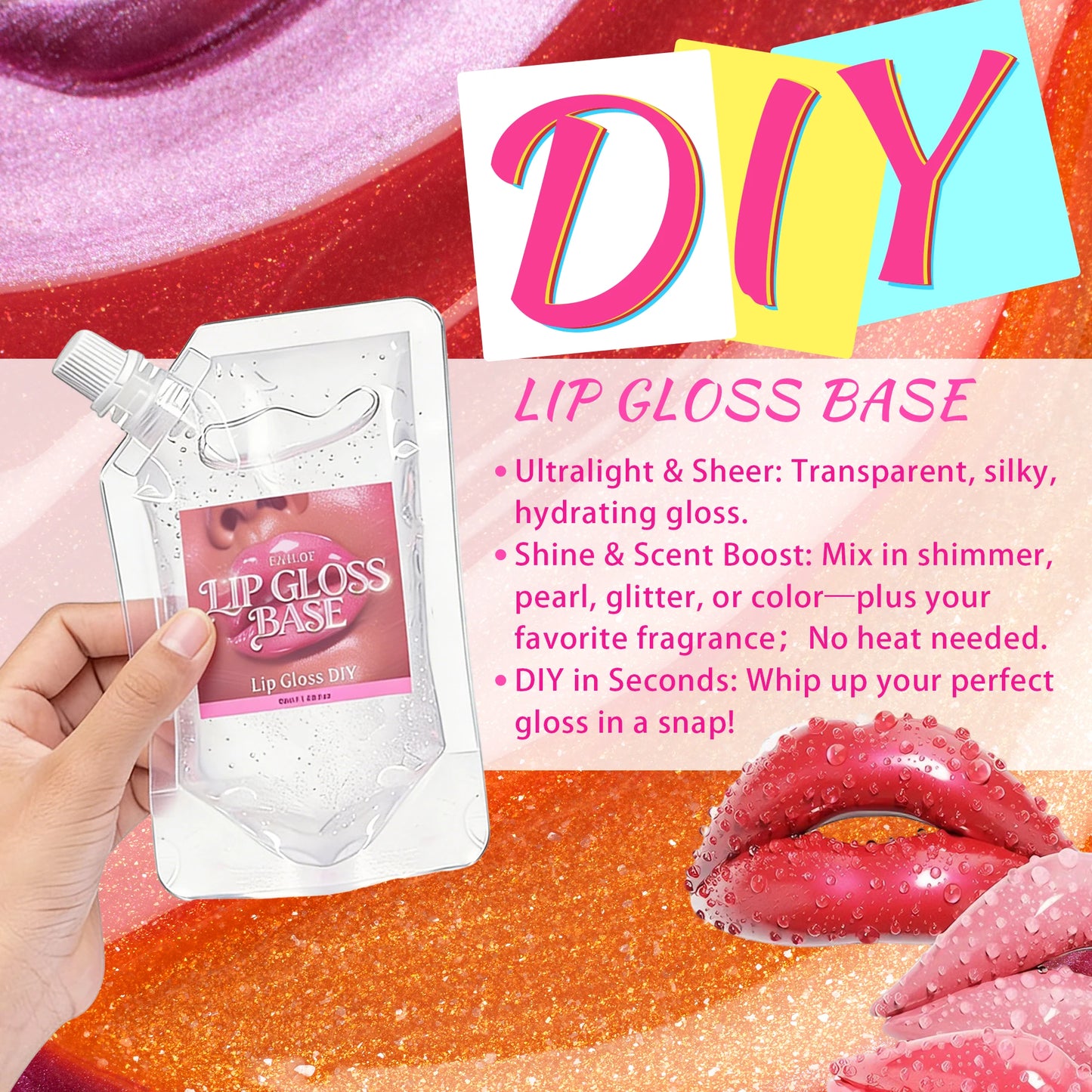 DIY lip gloss gel for perfect shine, non-sticky, transparent, moisturizing, odorless, blending magic, tinted, scented,shimmering