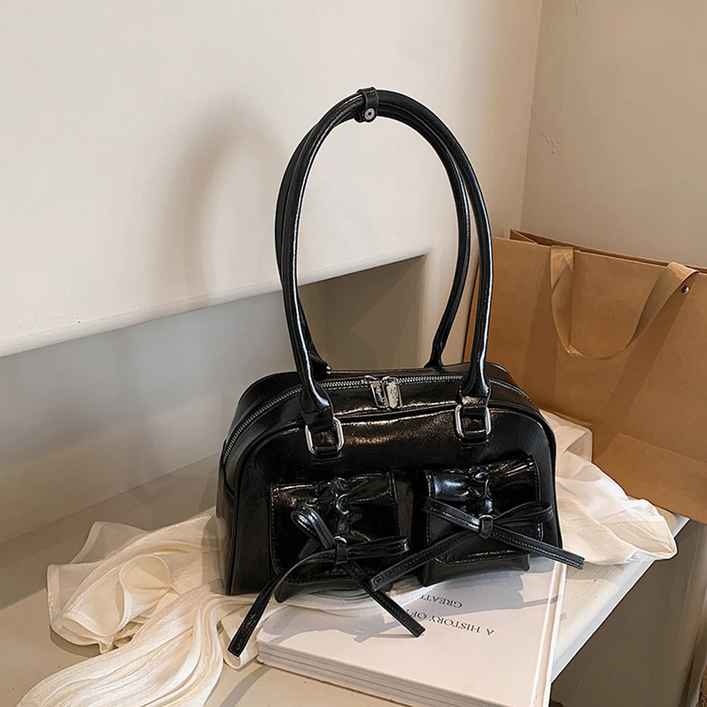 Women Trendy Handbags Double Pockets PU Leather Fashion Shoulder Bag with Bow Stylish Underarm Bag Solid Color for Outdoor Party