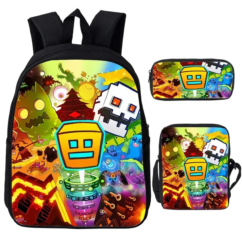 Large Capacity Bookbag 3pcs Set Boys Girls School Bags Angry Geometry Dash Cartoon Print Children Backpack Back To School Gifts