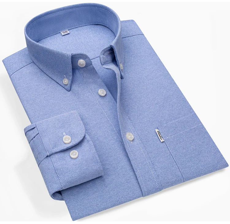 Men's Hard-wearing Comfortable 100% Cotton Long Sleeve Dress Shirt with Pocket, Spring Autumn Casual Oxford Button-Down Shirts
