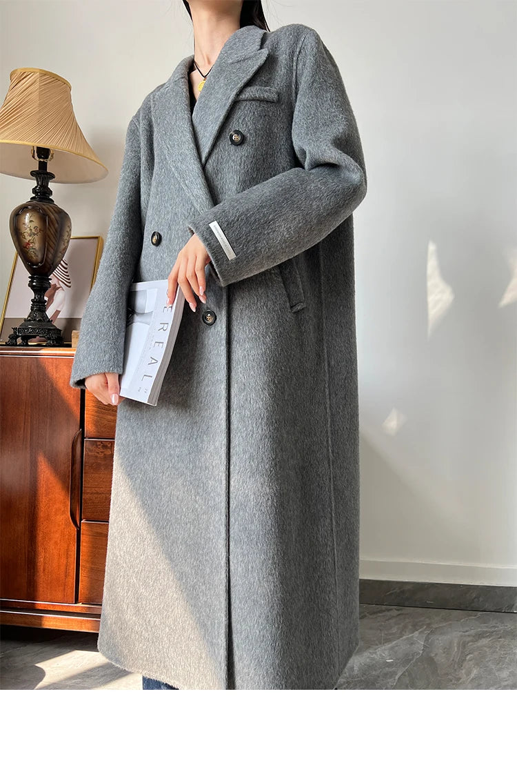 Office Lady Woolen Jackets 2024 Autumn And Winter Suit Collar Double Breasted Warmer Yak Hair Loose Long Women's Wool Coats