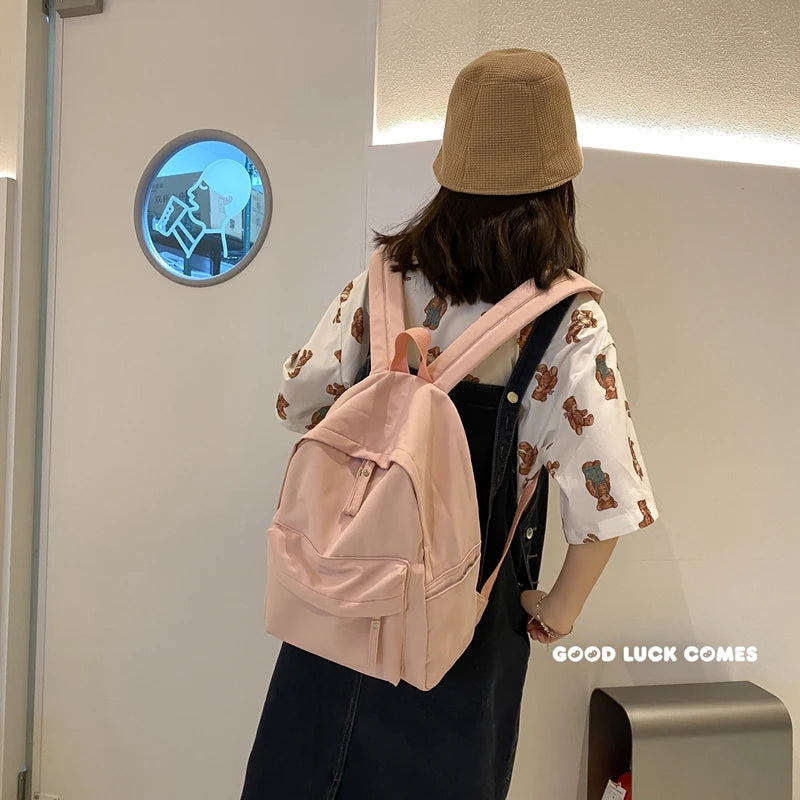 Simple Solid Color Backpack Women 2022 Waterproof Nylon School Bags For Teenager Girls Bookbag Lady Travel Backbag Shoulder Bag