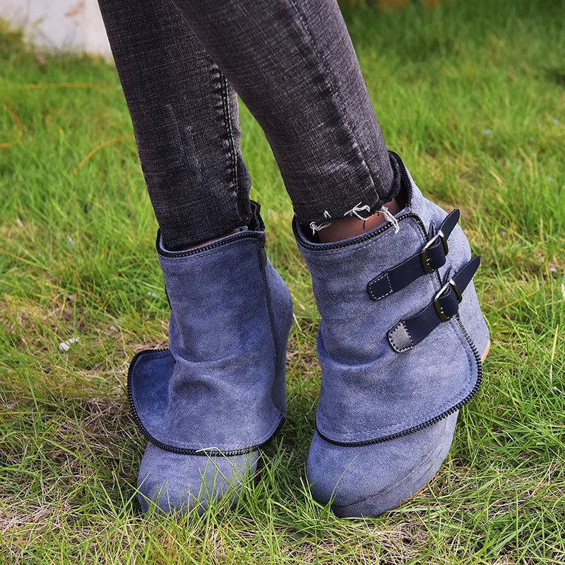 2025 Modern High-heel Boots for Women Ankle Wedges Suede Ladies Shoes Splicing Fake Zip Belt Buckle Height Increasing Daily Wear