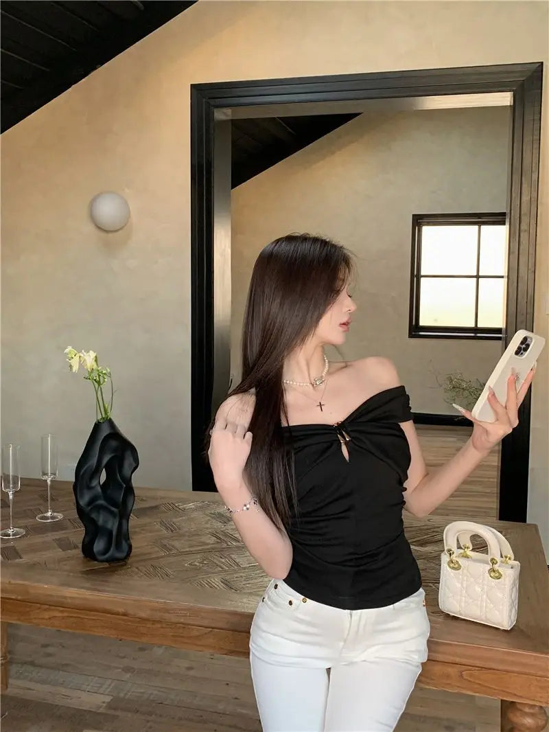 Summer Solid Color Sexy Off Shoulder Tops Lace Up Sleeveless T-Shirt Casual Slim  Top Black Short Sleeve Wome