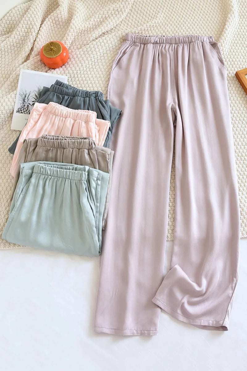 Thin Solid Color Summer Sleep Bottoms Ice Silk Satin Couple Sleeping Pants Loose Mosquito Proof Pants for Women and Men