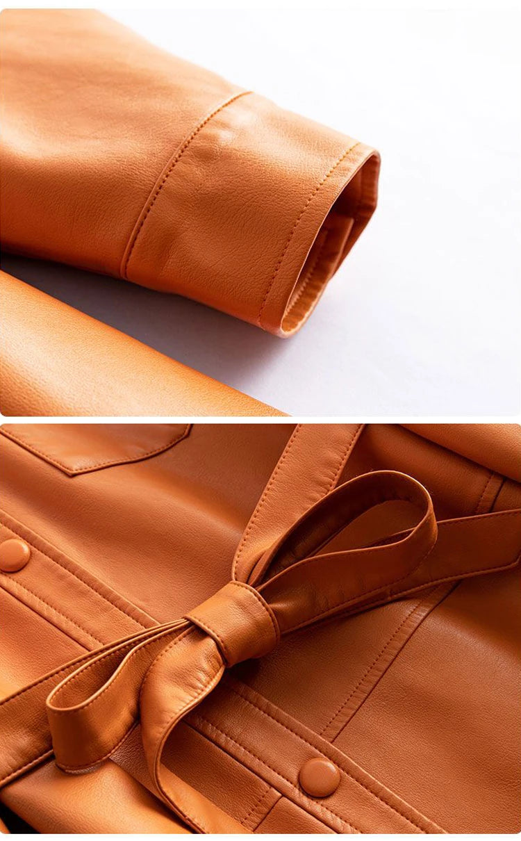 Women's Sheepskin Coat 2024 Autumn New Real Split Sheep Leather Ladies Mid-length Single-Breasted Belt Casual Jacket Outwear