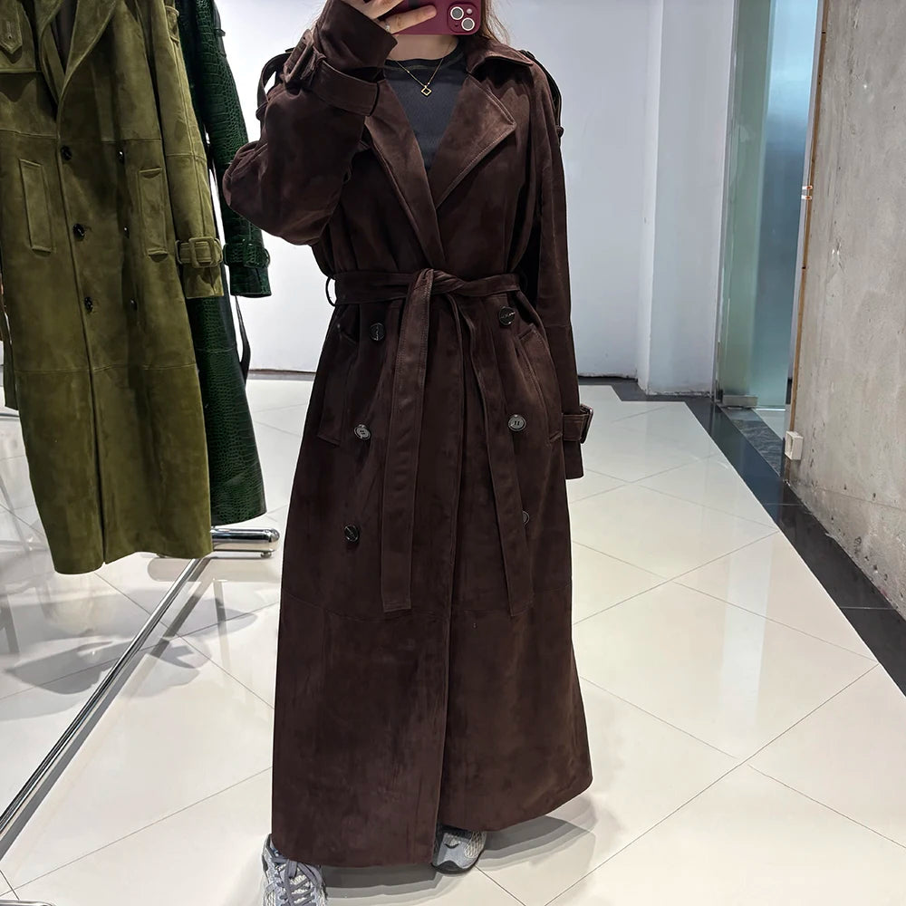 YOLOAgain Double Breasted Suede Jacket Coat Women Real Leather Trench Coat