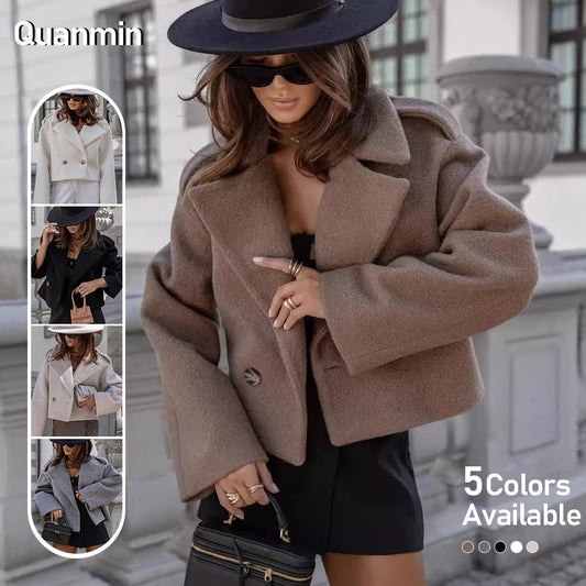 Winter Fashion British Style Pure Suit Collar Solid Color Woolen Fabric Small Coat  Casual Elegant Jacket Women'S Clothing