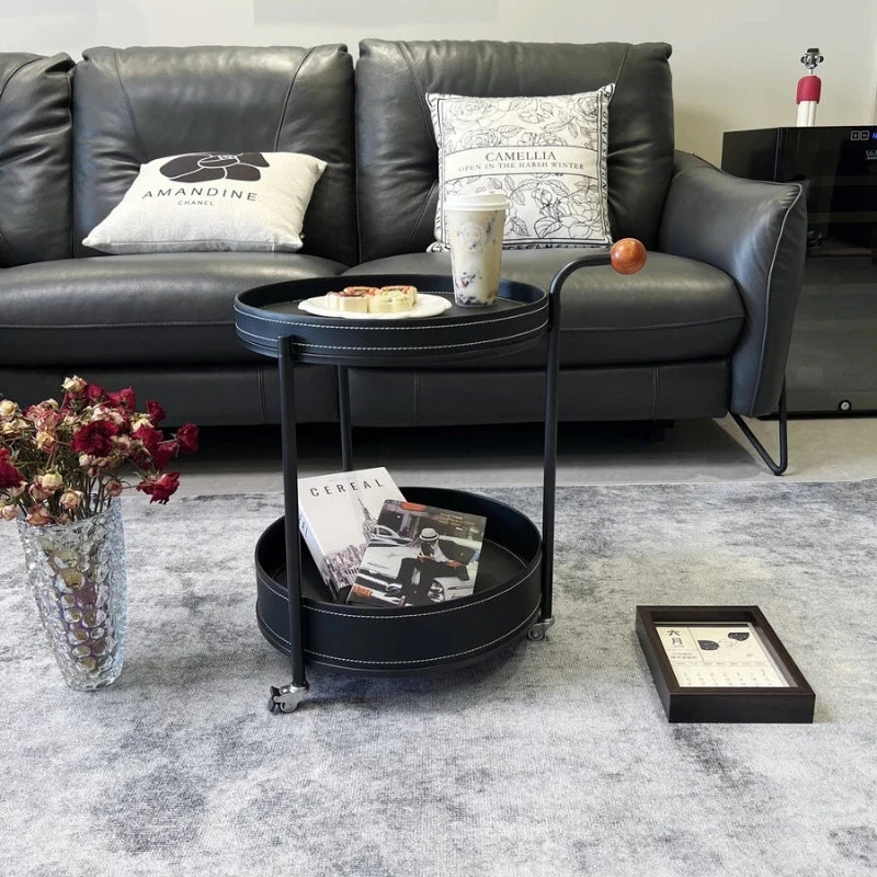 2026 New Light Luxury Sofa Side Table Movable Hotel Room Saddle Leather Trolley Home Bedroom Storage Bedside Small Coffee Table