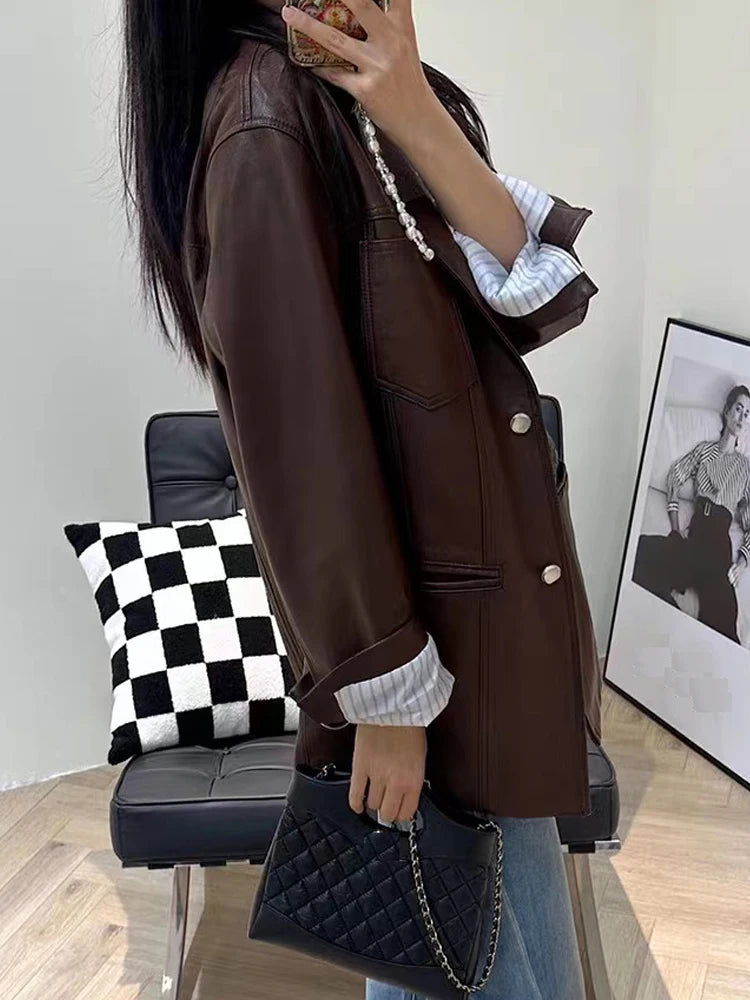 2025 Autumn Women's Oversized Real Leather Jacket Female 100% Sheepskin Retro Brown Broad Shoulder Suit Coat Streetwear Blazer
