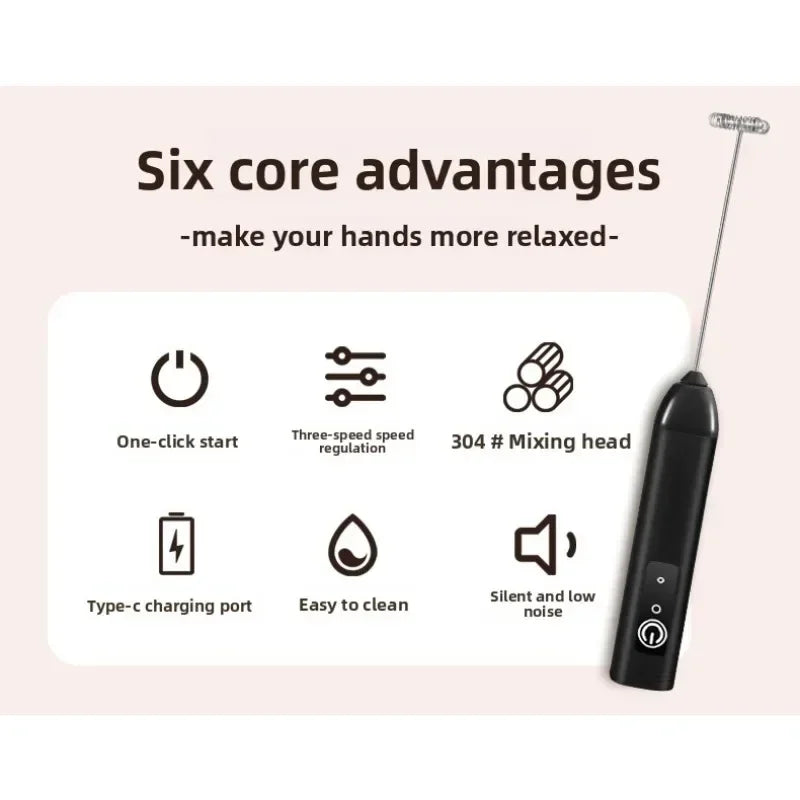Wireless Milk Frother Electric Type-C Handheld Blender Stainless Steel Mini Coffee Maker Whisk Mixer for Coffee Cappuccino Cream