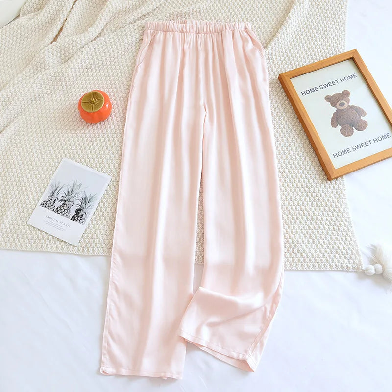 Thin Solid Color Summer Sleep Bottoms Ice Silk Satin Couple Sleeping Pants Loose Mosquito Proof Pants for Women and Men