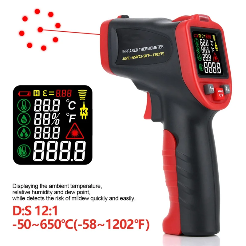 KYCOR-Infrared Digital IR Thermometer Non-Contact Laser Temperature Meter Pyrometer Hygrometer Colorful LCD