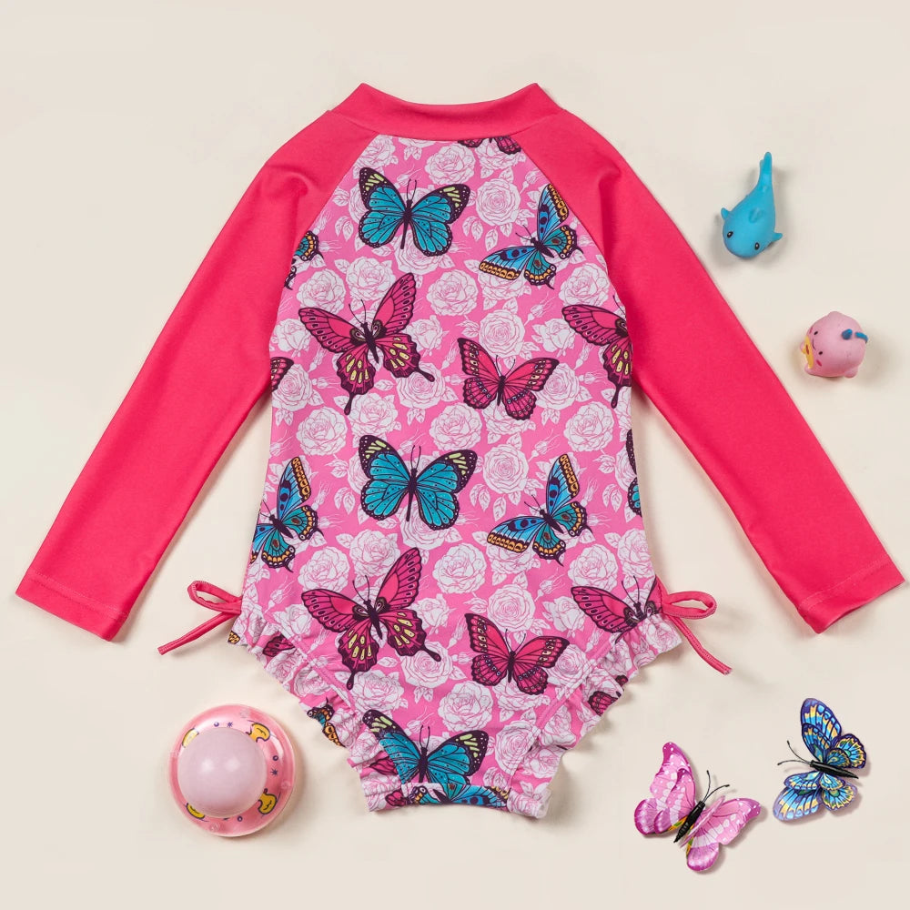 Long Sleeve Bathing Suits for Girls One-Piece Swimsuit Butterfly Print Zipper Ruffled Swimwear Swim Shirts for Surfing